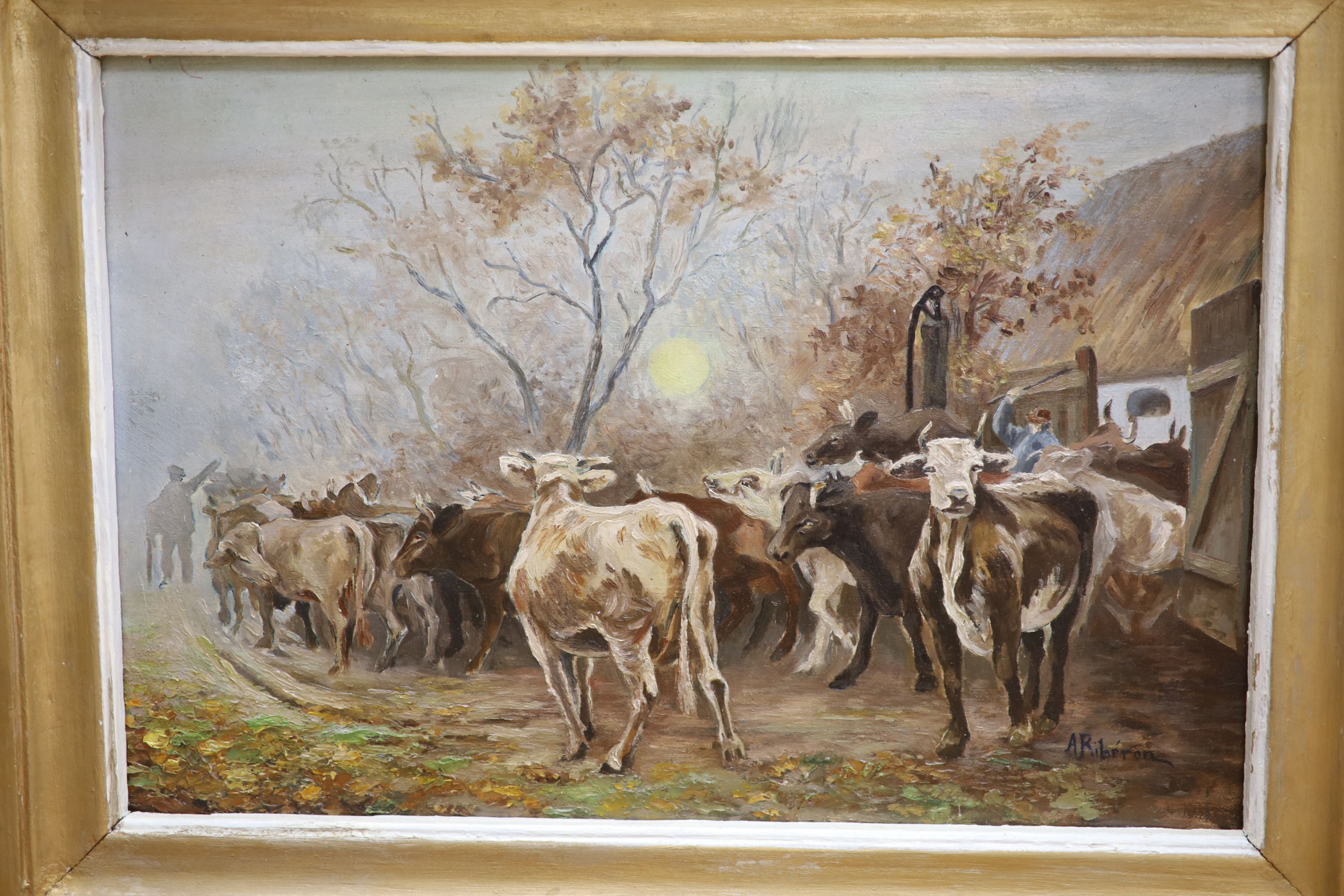 A. Riberon, oil on board, Cattle leaving a barn, signed, 33 x 49cm and an oil of a woman in a garden, 30 x 38cm